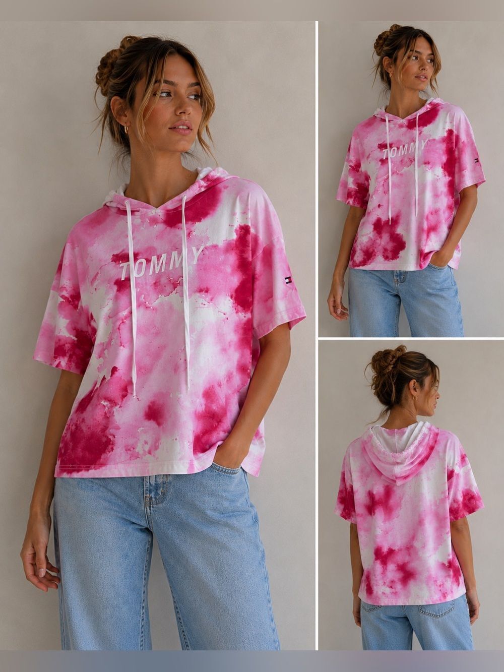 Tommy Hilfiger Hooded Tie Dye Crop Top Pink White Size L NWT